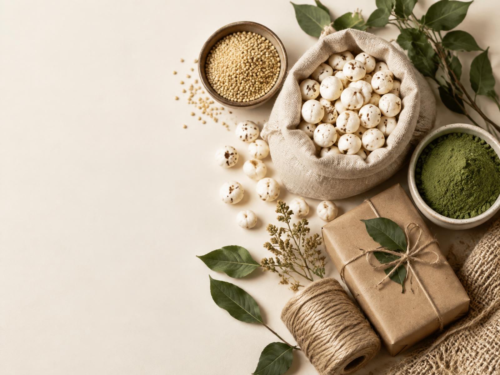 Makhana, millets, natural green powder, dried botanicals and kraft packaging arranged on an ivory surface