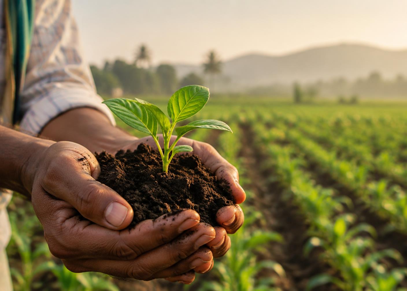 Hands holding dark soil with a young green seedling in front of Indian farmland